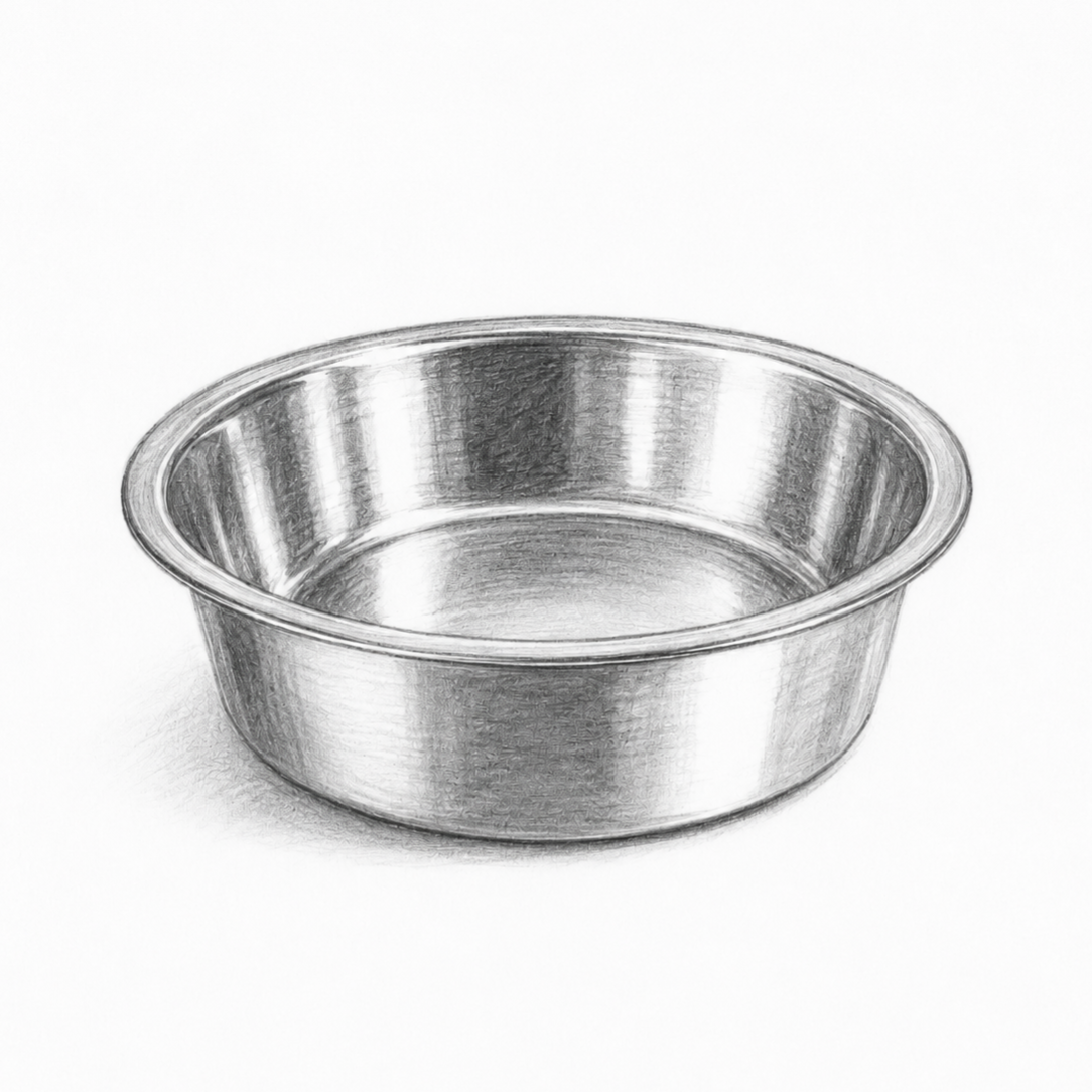 A realistic pencil sketch of a stainless steel bowl, shown on a clean white background.