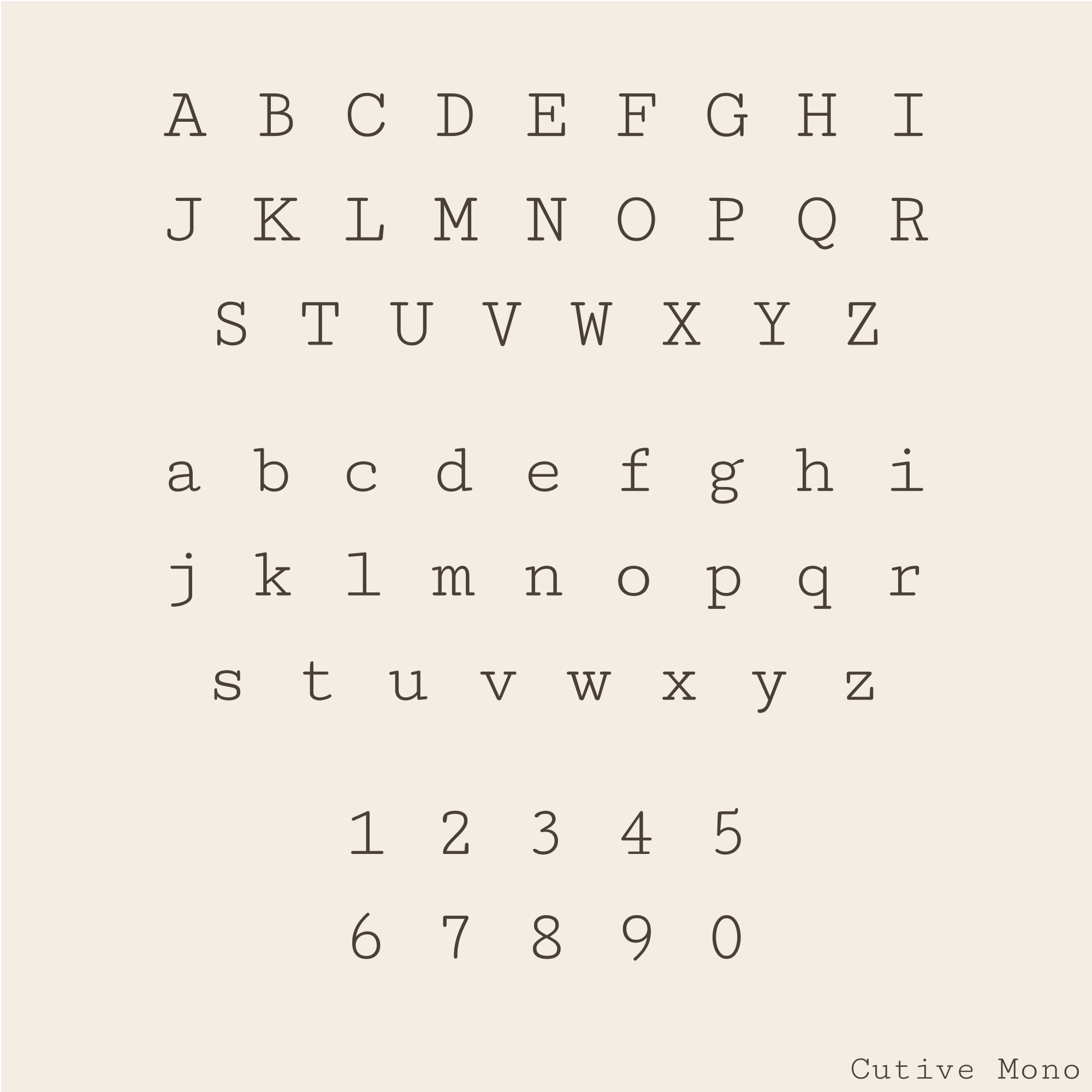 A monogram alphabet font preview showing uppercase and lowercase letters A through Z, numbers 0 through 5, on a warm beige background. The brand name 'Cutive Mono' appears in the bottom right corner.