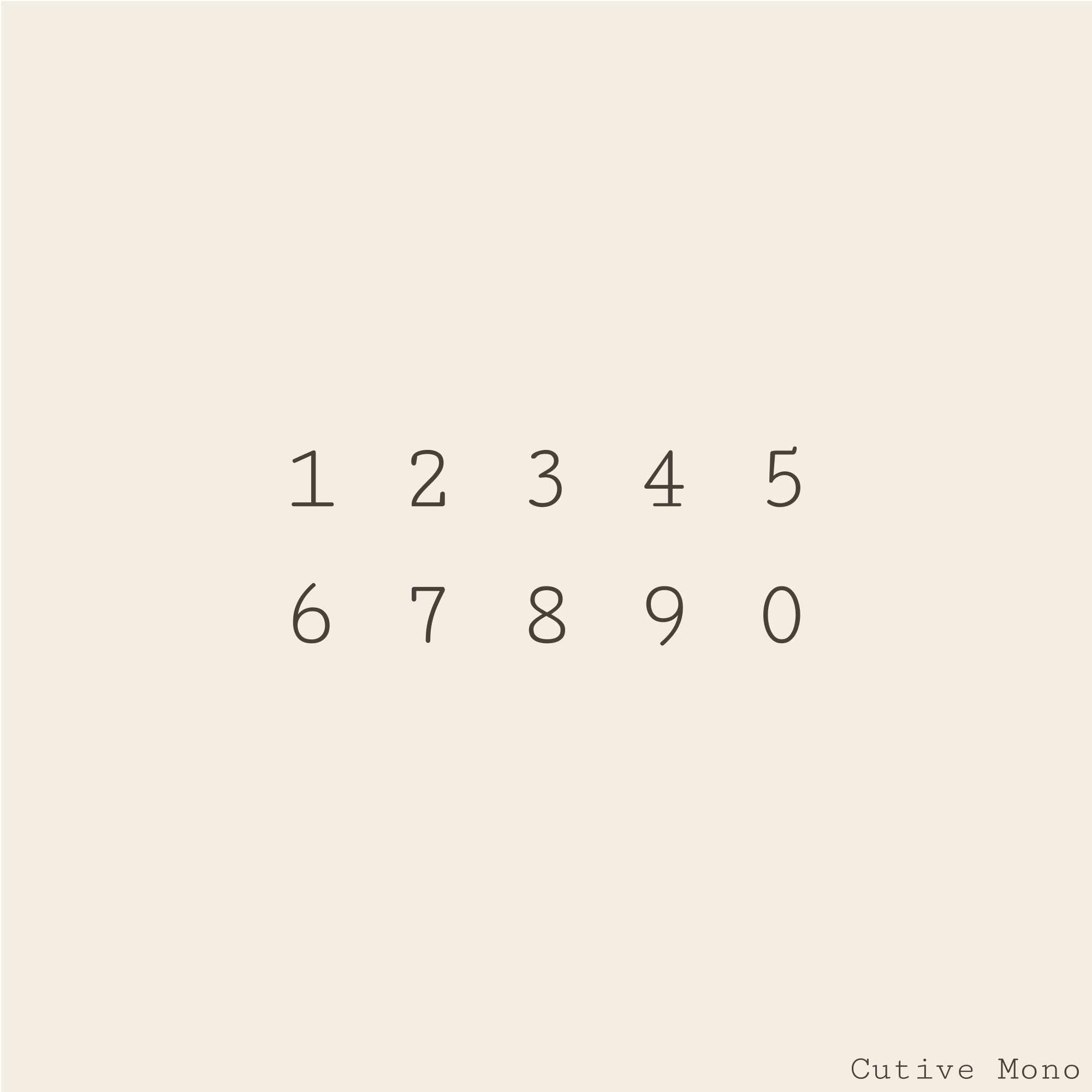 A minimalist digital preview of the 'Cutive Mono' typeface, displaying the numbers 0 through 5 arranged in two rows on a solid warm beige background.