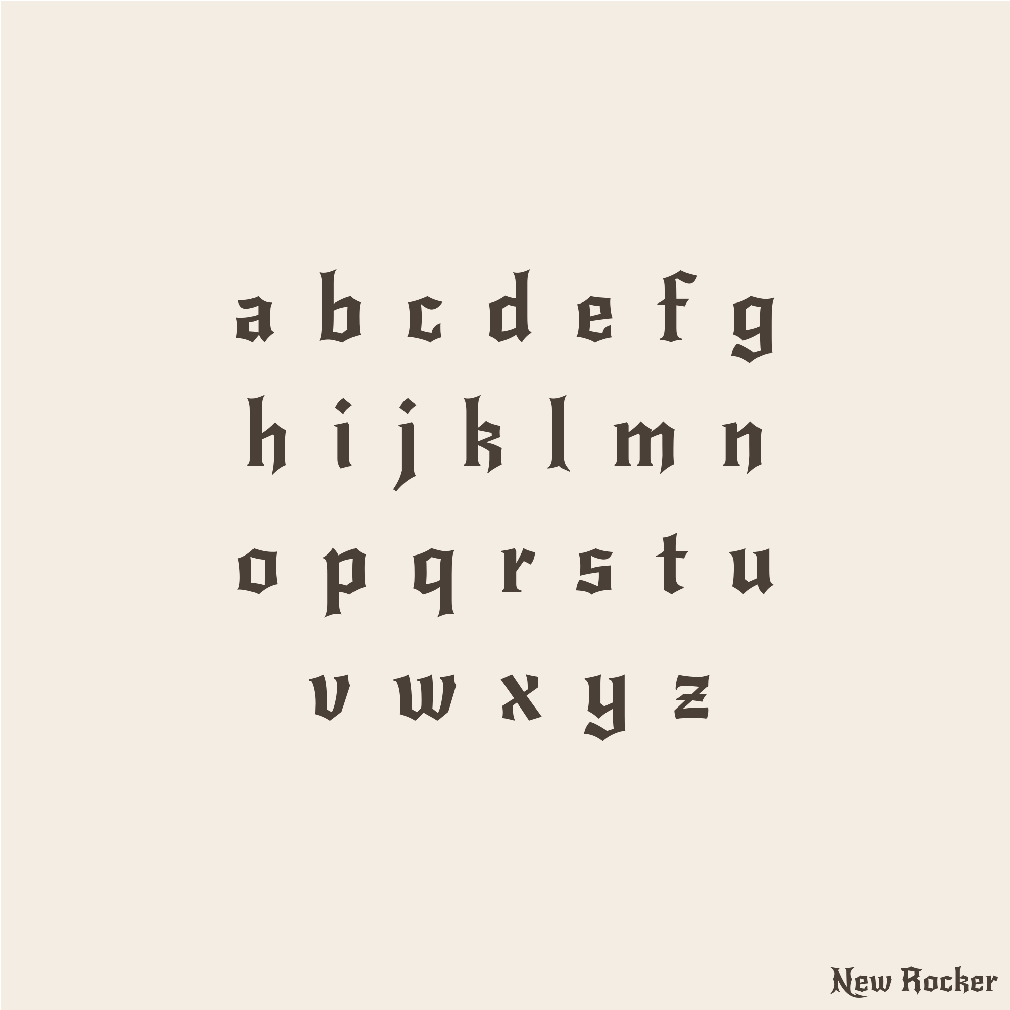 A square graphic showing the lowercase alphabet in a dark brown gothic-style font on a warm cream background, with the text 'New Rocker' in the bottom right corner.