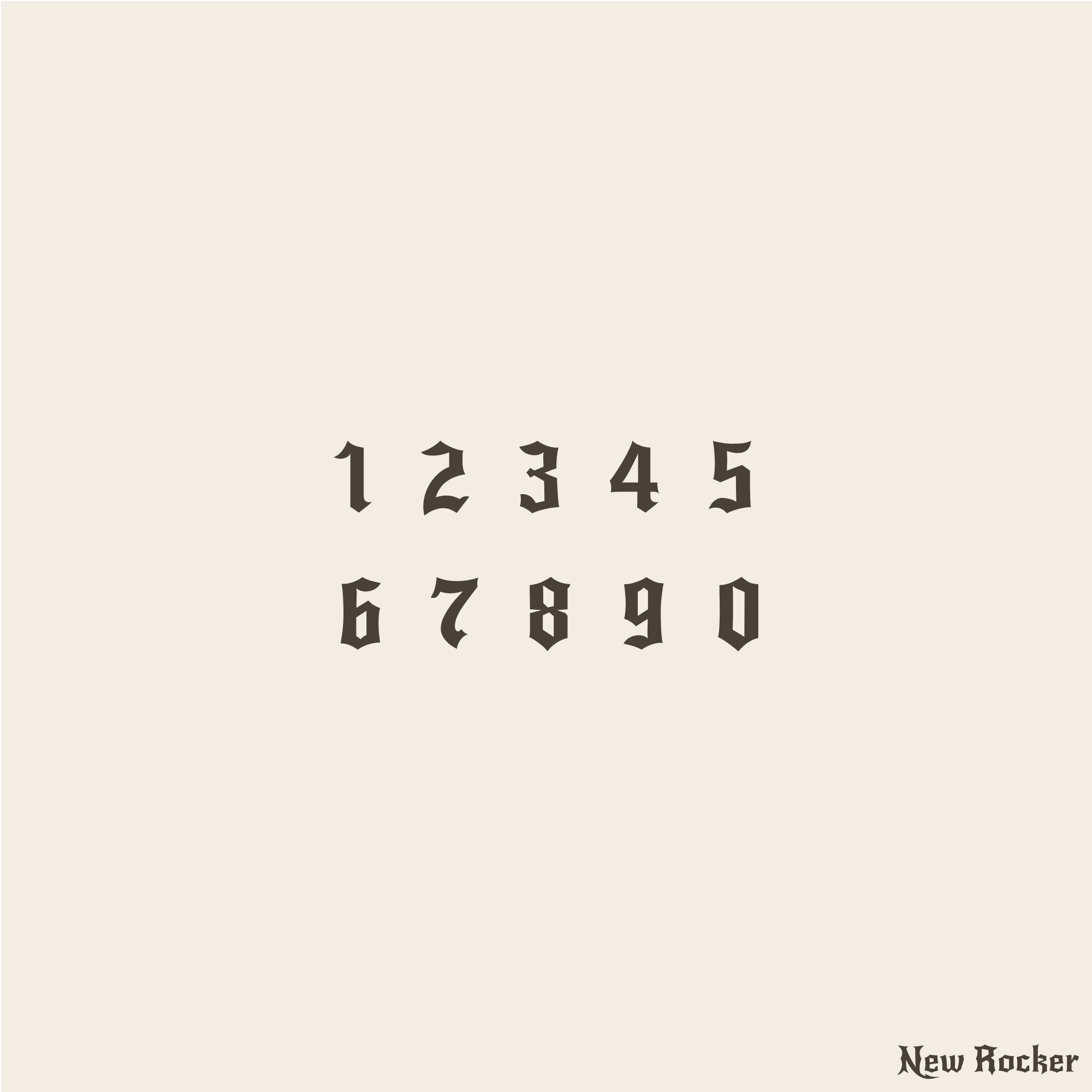 A digital display of a dark brown gothic-style font showing the numbers 1 through 0, arranged in two rows on a solid light beige background. The text 'New Rocker' is printed in the bottom right corner.