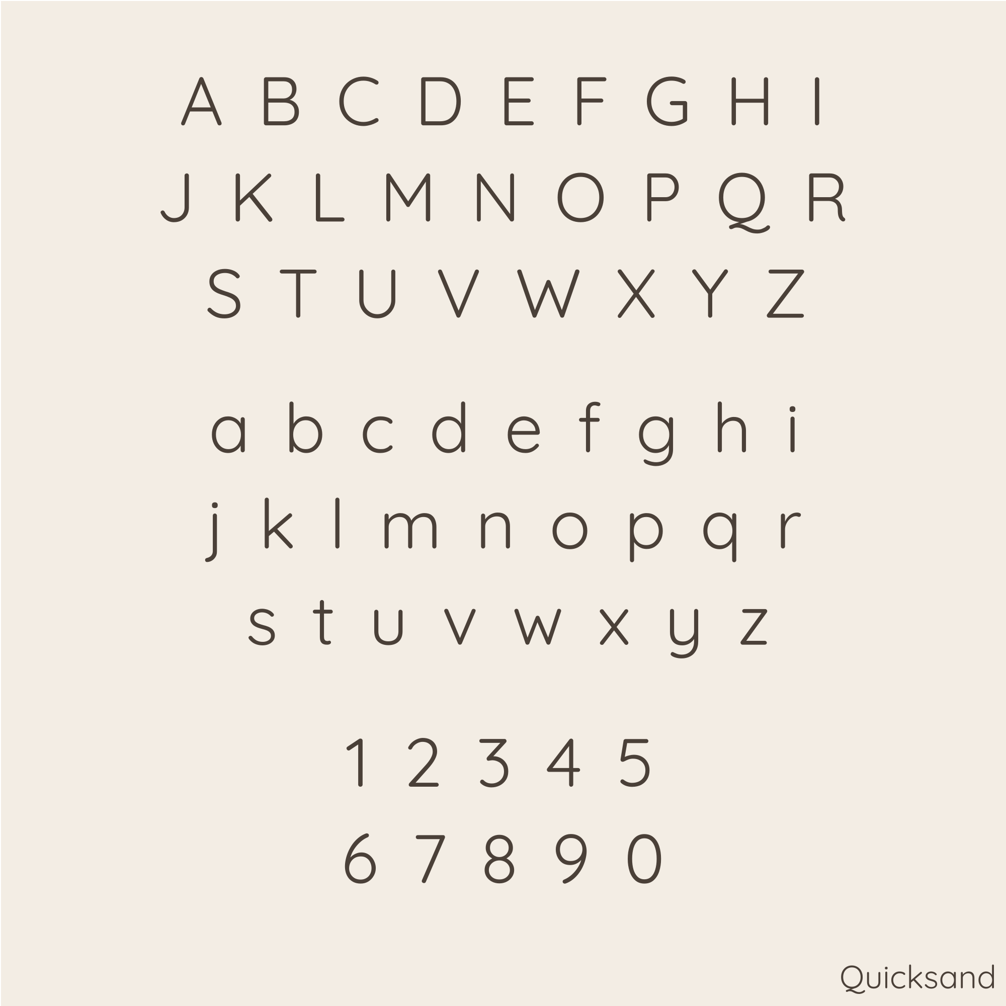 A beige sample card displaying a custom alphabet font with uppercase and lowercase letters, numbers 0-9, and the brand name 'Quicksand' in the bottom right corner.