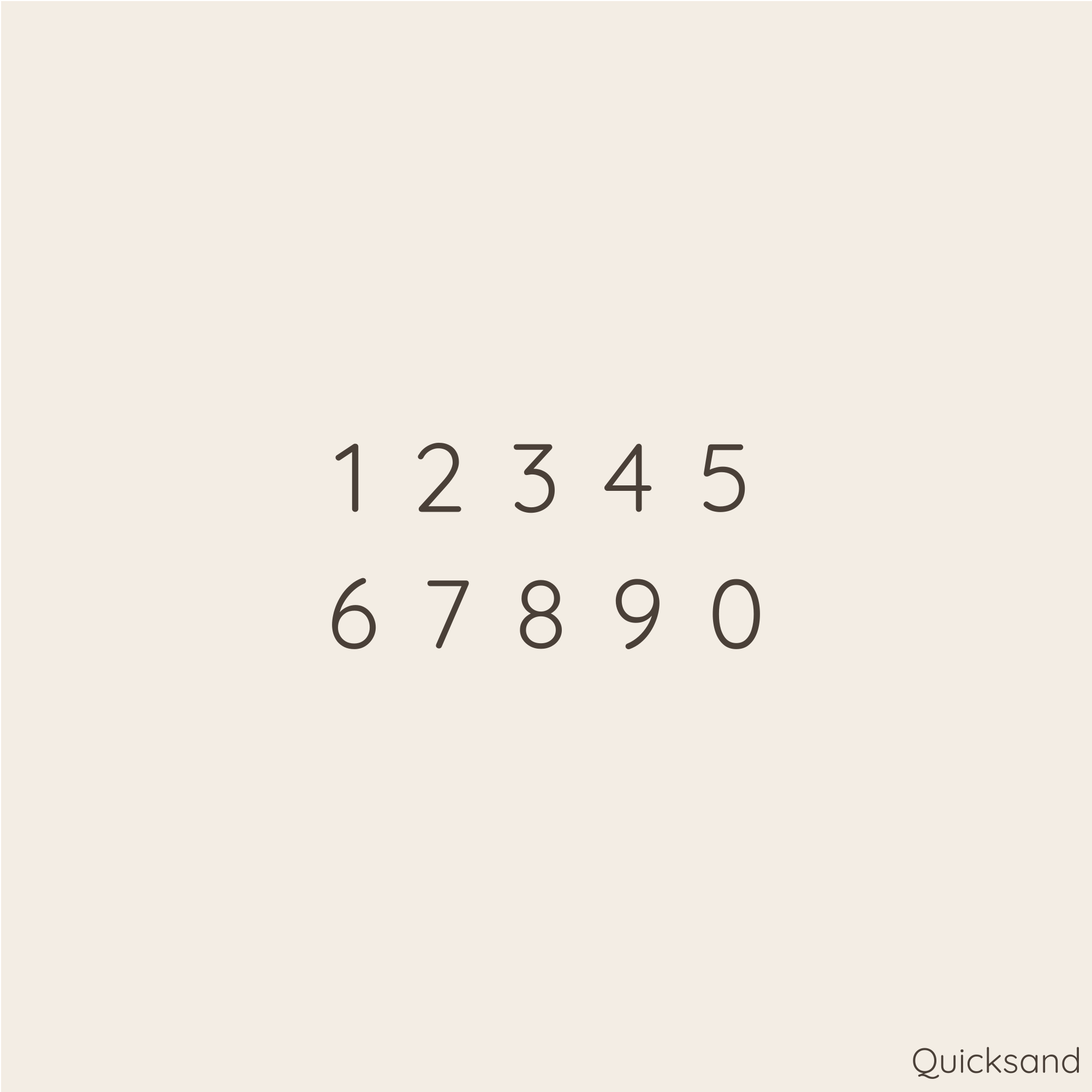 A square color swatch card featuring the Quicksand typeface, displaying the numbers 1 through 0 in a thin, modern serif font against a warm cream background. The brand name 'Quicksand' is printed in the bottom right corner.