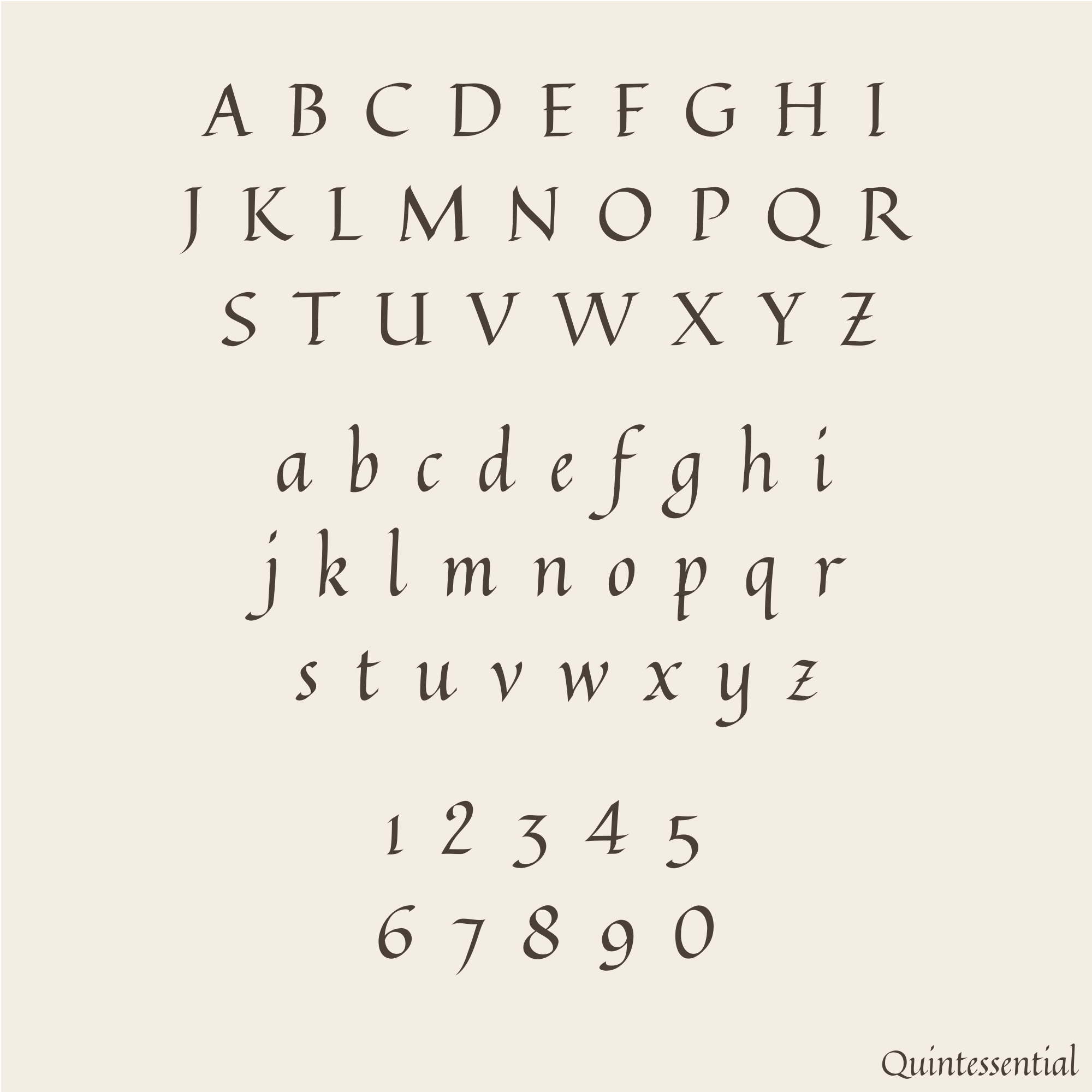 A square graphic showing a serif alphabet font with uppercase and lowercase letters plus numbers 1 through 0, on a warm beige background. The word 'Quintessential' appears in the lower right corner.
